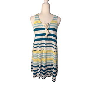Loft blue and yellow striped sleeveless Beach cover up with tassle tie - S